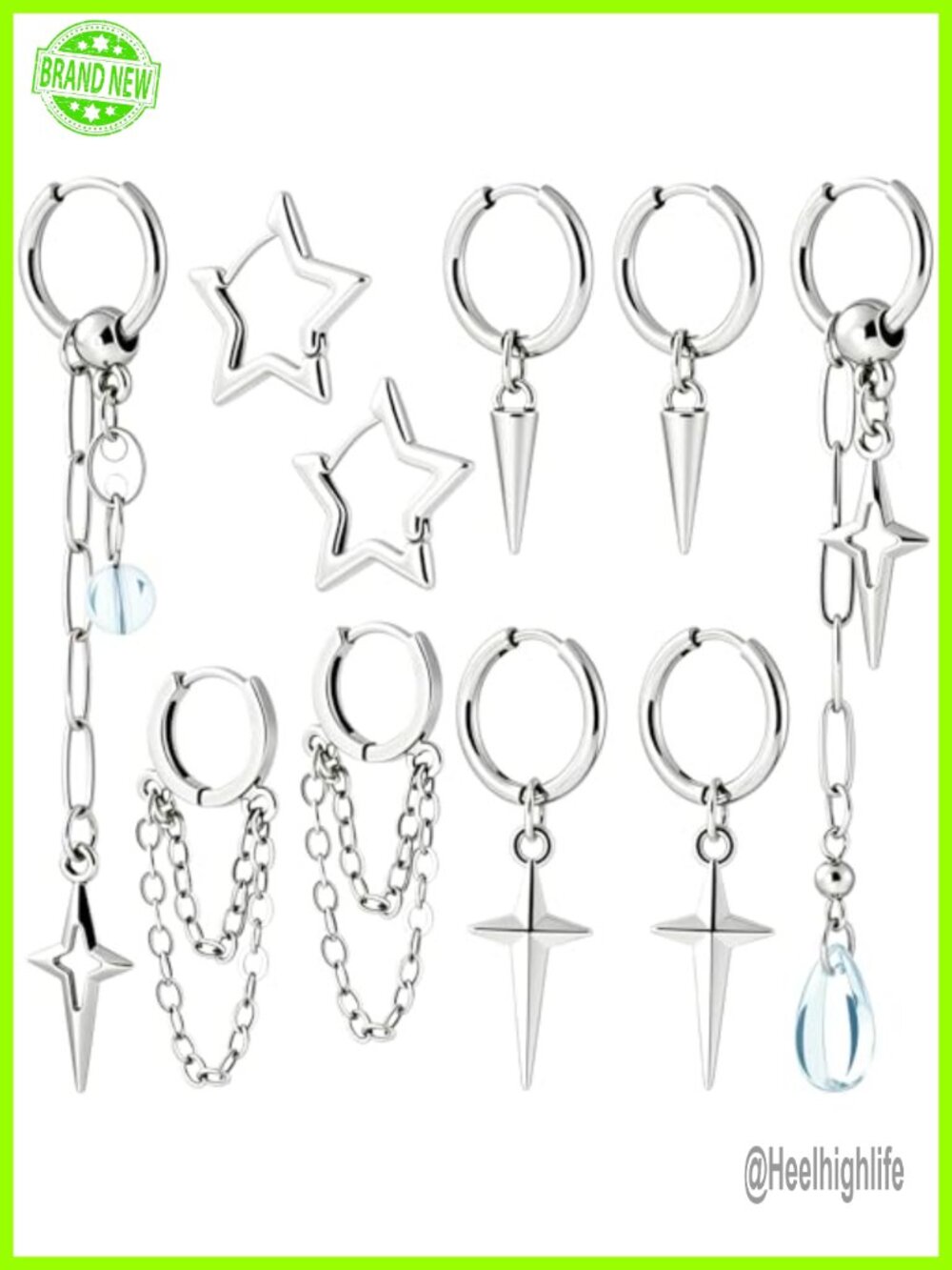 5 Pairs Y2K Gothic Dangle Hoop Earrings – Silver Alloy Set, 5 Styles, Punk Star